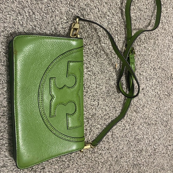 Tory Burch Pebbled Leather Retro Lime Green Logo Crossbody Foldover Purse Bag - Picture 8 of 8